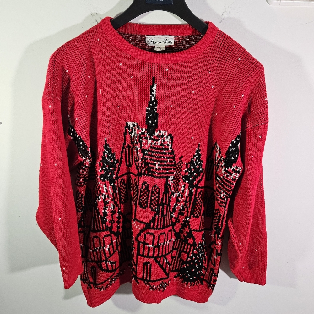 Vintage 90's Women's Precious Knits Christmas Snow Red & Black Crewneck Sweater!